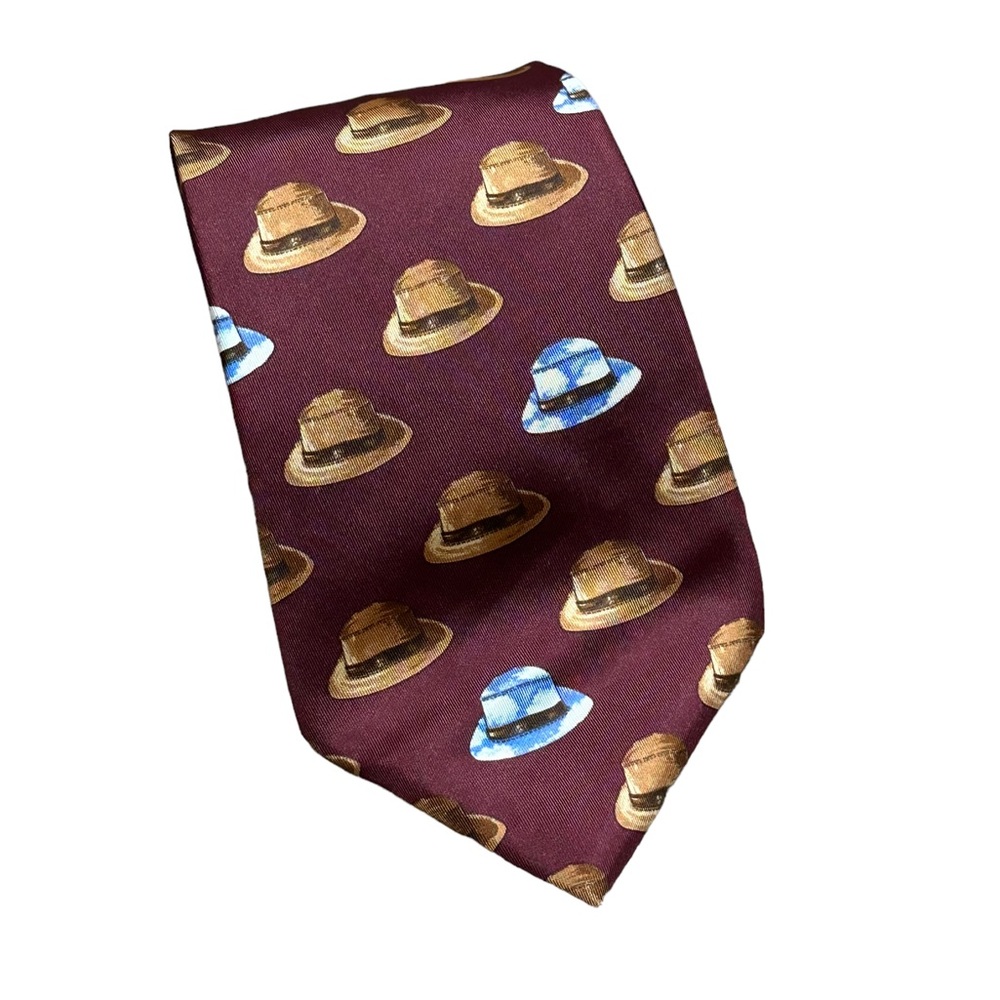 Paul Bri Fedora Hat Design Necktie Burgundy Brown Casual Tie EUC